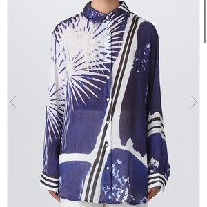 Mes Demoiselles Paris Oversized Linen Cobalt Blue White Button Down Shirt US4/36